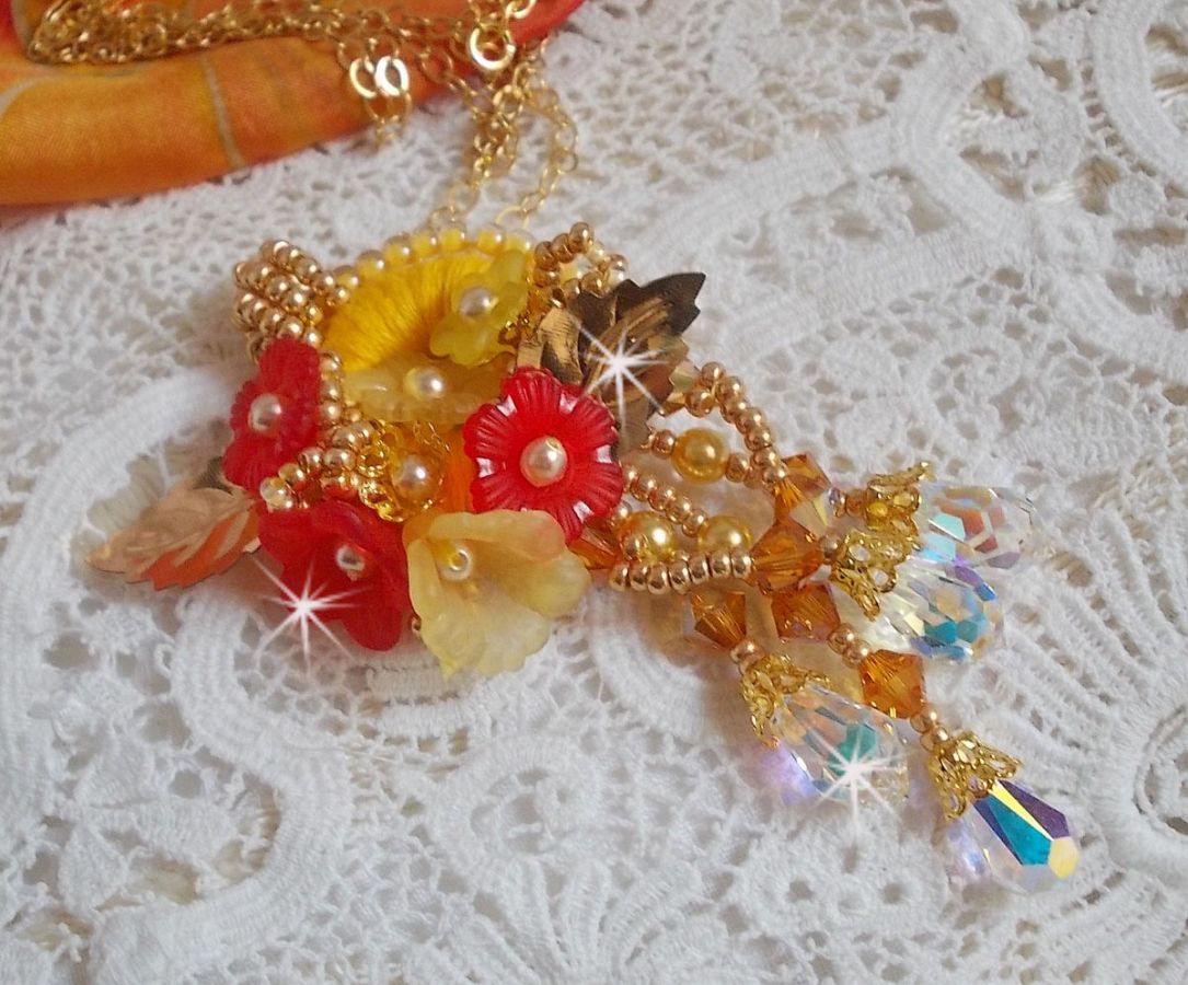 Gold button pendant necklace with various quality crystals and beads