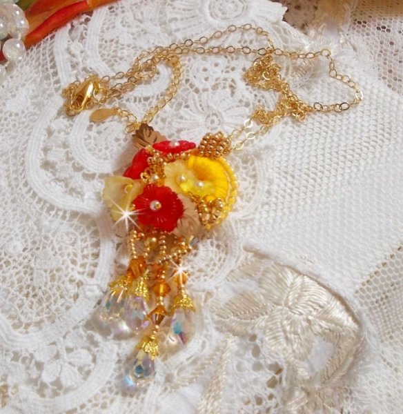 Gold button pendant necklace with various quality crystals and beads