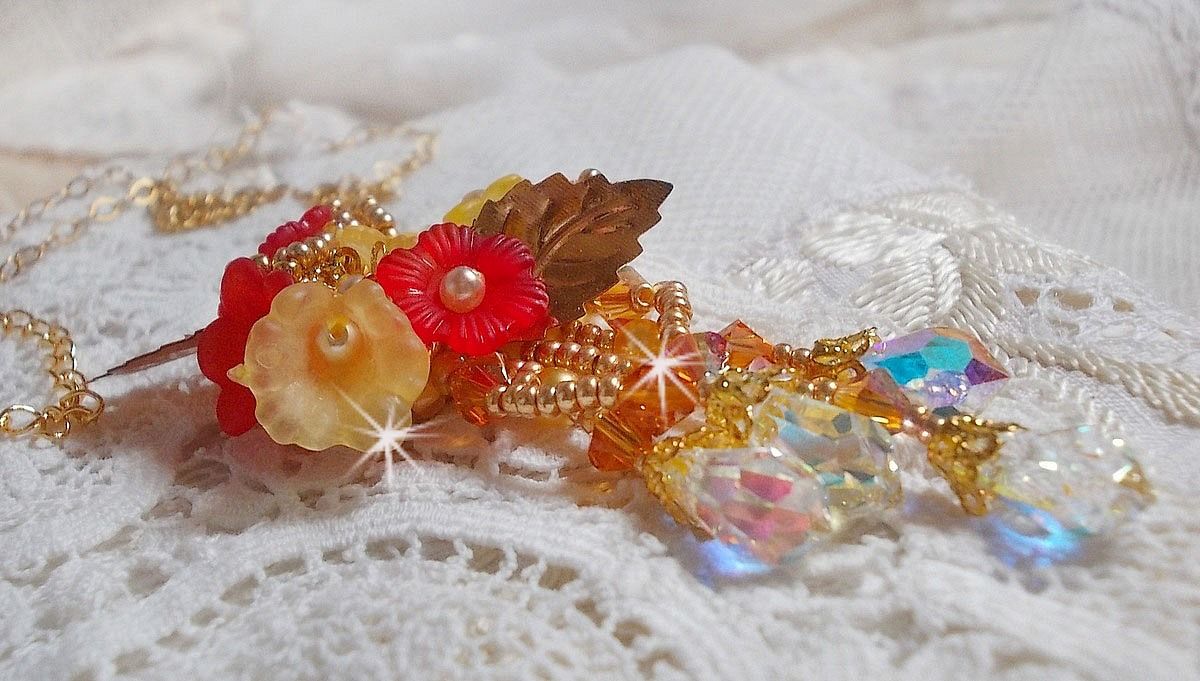 Gold button pendant necklace with various quality crystals and beads
