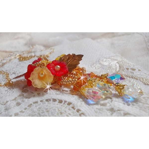 Gold button pendant necklace with various quality crystals and beads