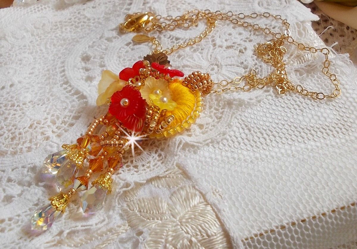 Gold button pendant necklace with various quality crystals and beads