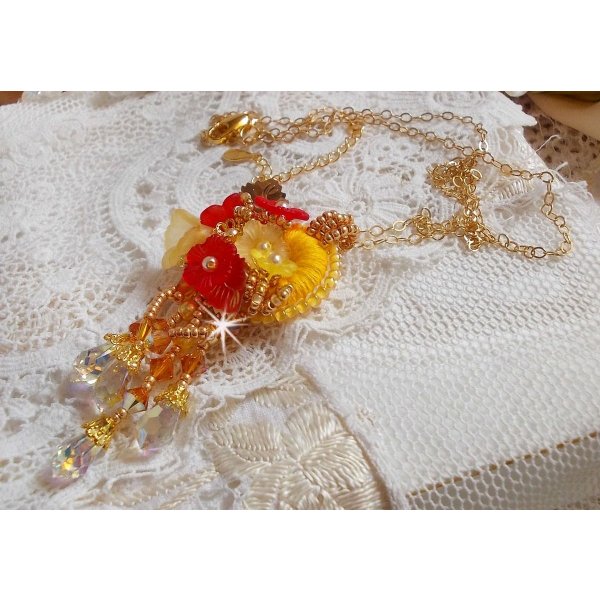 Gold button pendant necklace with various quality crystals and beads