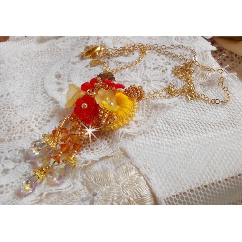 Gold button pendant necklace with various quality crystals and beads