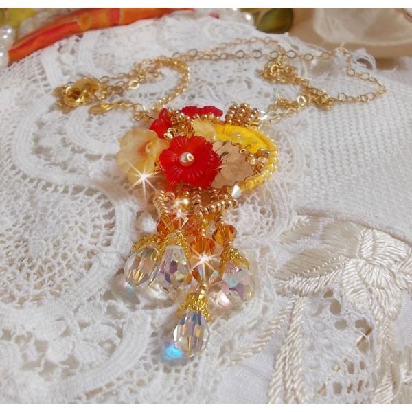 Gold button pendant necklace with various quality crystals and beads