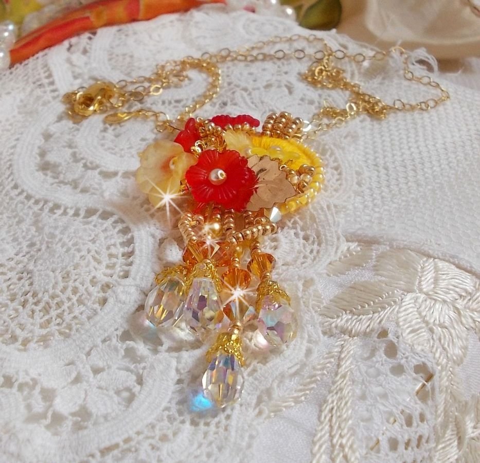 Gold button pendant necklace with various quality crystals and beads