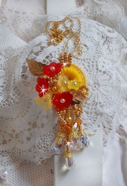 Gold button pendant necklace with various quality crystals and beads