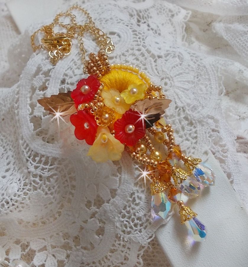 Gold button pendant necklace with various quality crystals and beads