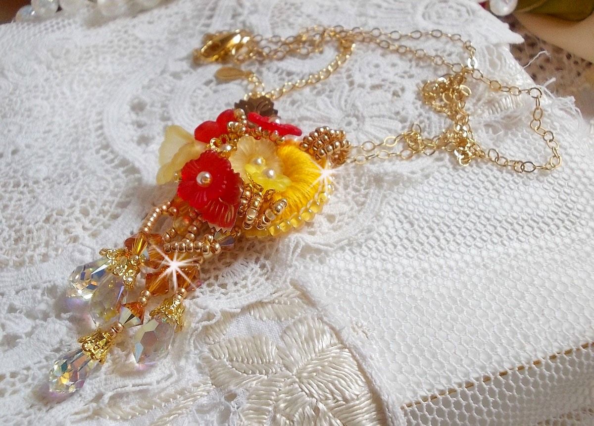 Gold button pendant necklace with various quality crystals and beads