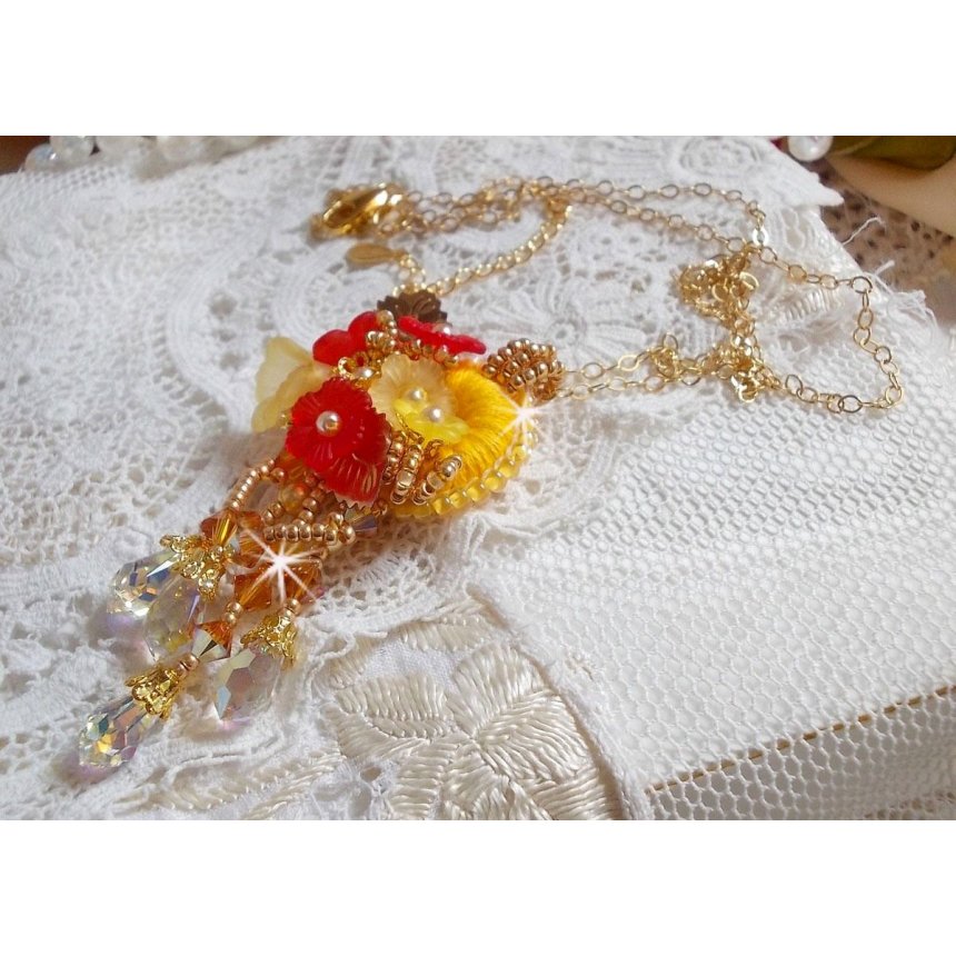Gold button pendant necklace with various quality crystals and beads