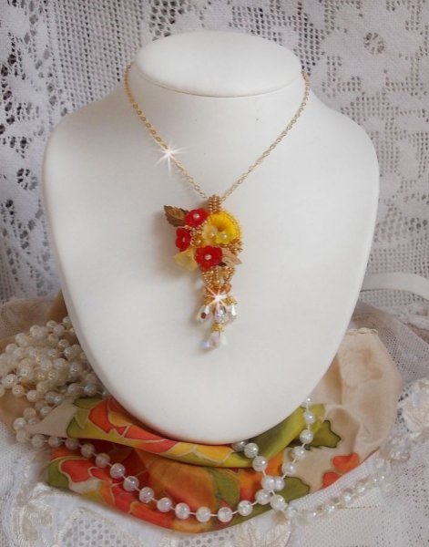 Gold button pendant necklace with various quality crystals and beads