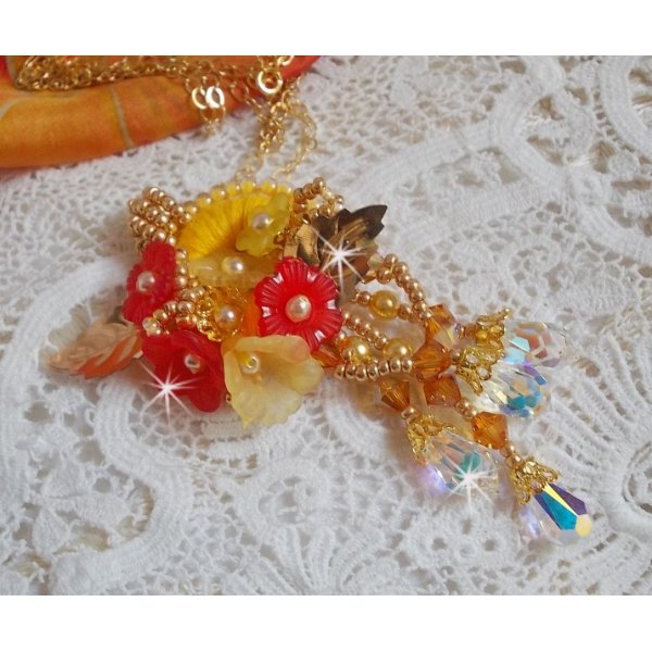 Gold button pendant necklace with various quality crystals and beads
