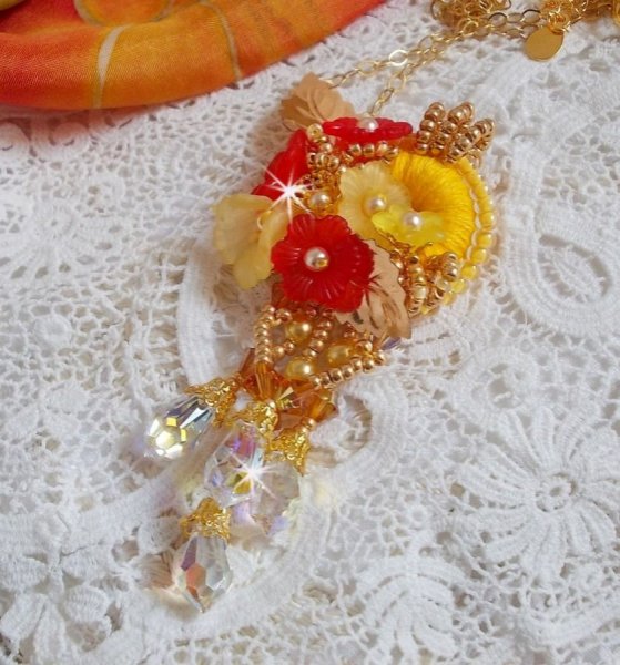 Gold button pendant necklace with various quality crystals and beads