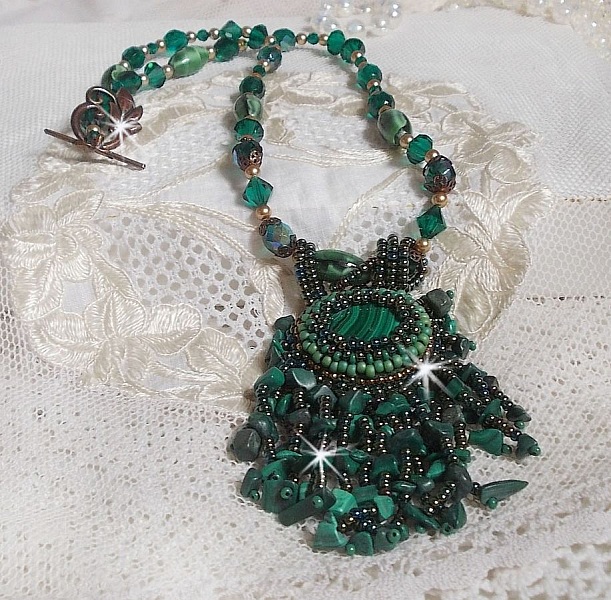 Emerald Green Pendant embroidered with Natural Malachite cabochon and chips, crystals, facets and seed beads