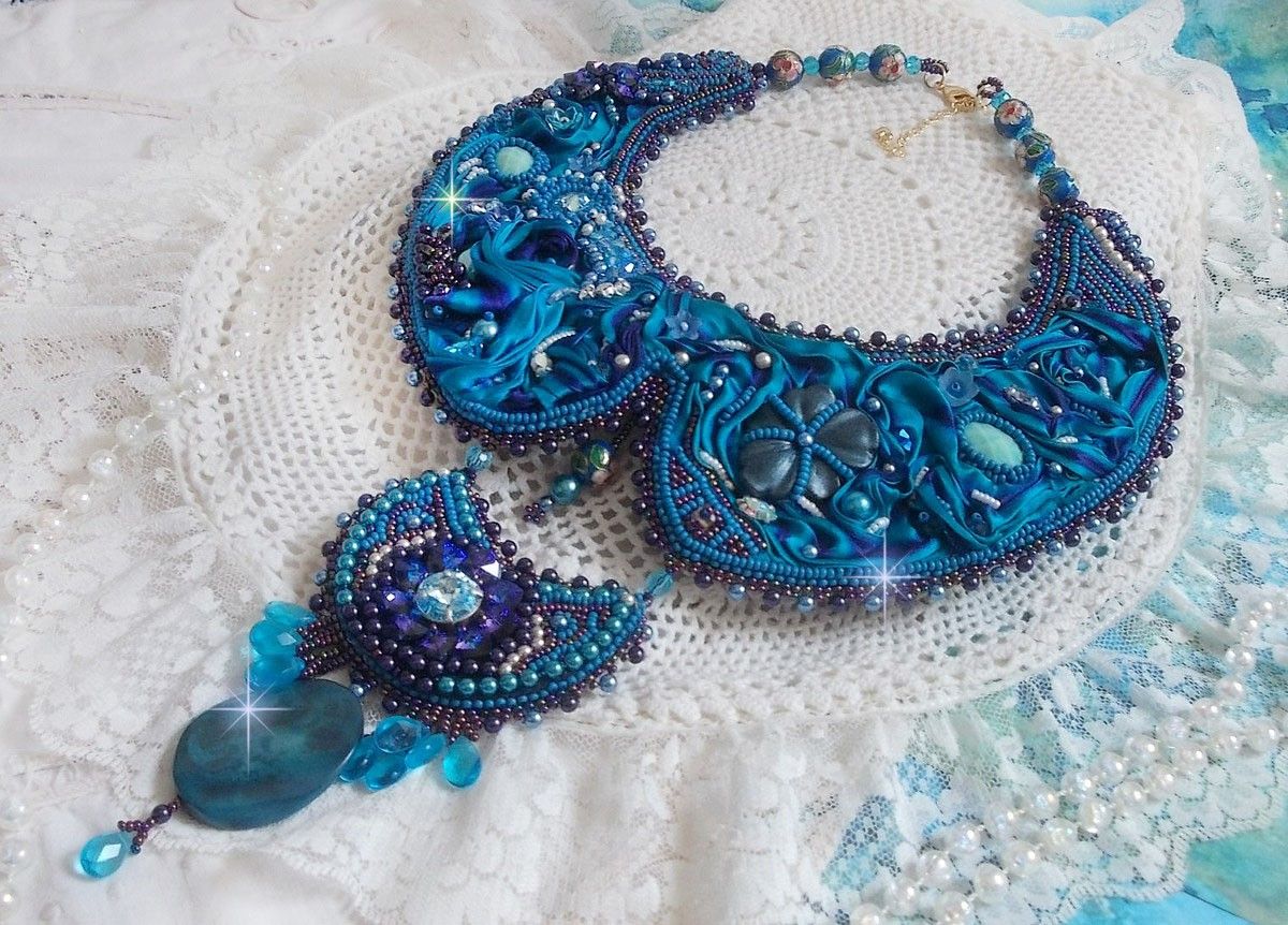 Royal Blue Haute-Couture necklace embroidered with a Purple and Duck Blue silk ribbon, crystals and various beads 