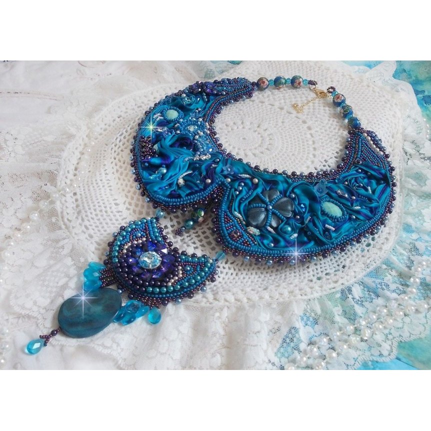 Royal Blue Haute-Couture necklace embroidered with a Purple and Duck Blue silk ribbon, crystals and various beads 