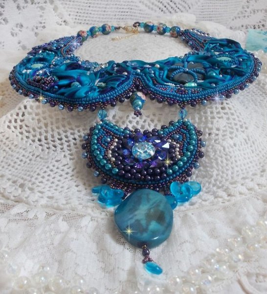 Royal Blue Haute-Couture necklace embroidered with a Purple and Duck Blue silk ribbon, crystals and various beads 