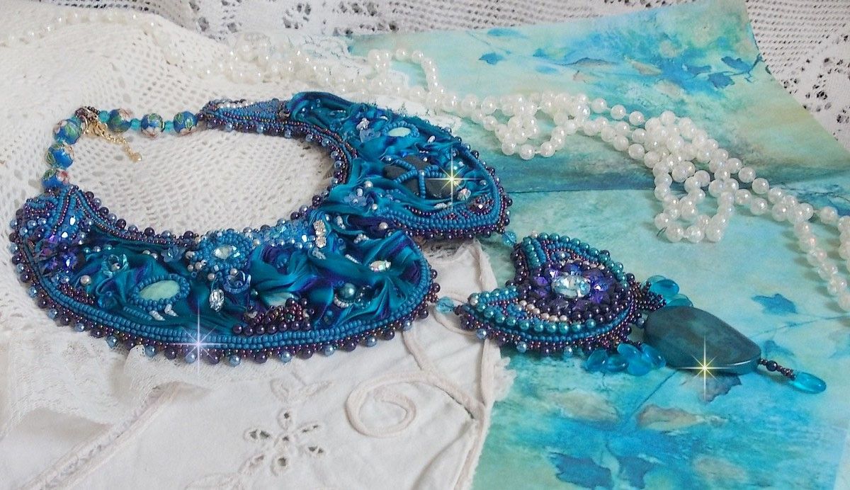 Royal Blue Haute-Couture necklace embroidered with a Purple and Duck Blue silk ribbon, crystals and various beads 