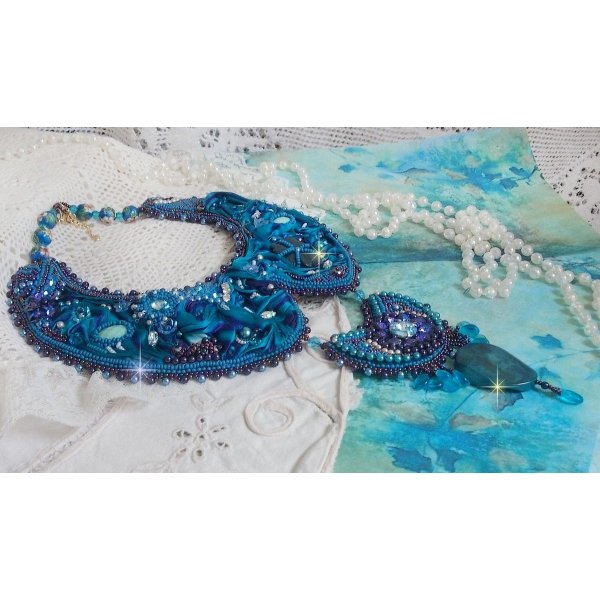 Royal Blue Haute-Couture necklace embroidered with a Purple and Duck Blue silk ribbon, crystals and various beads 