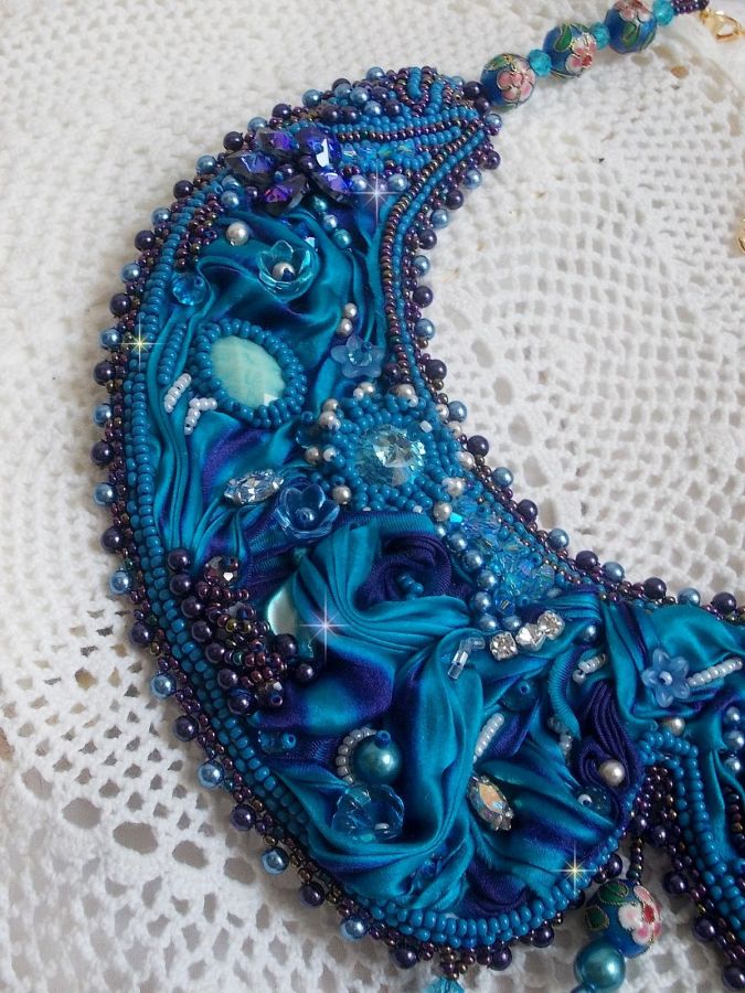 Royal Blue Haute-Couture necklace embroidered with a Purple and Duck Blue silk ribbon, crystals and various beads 