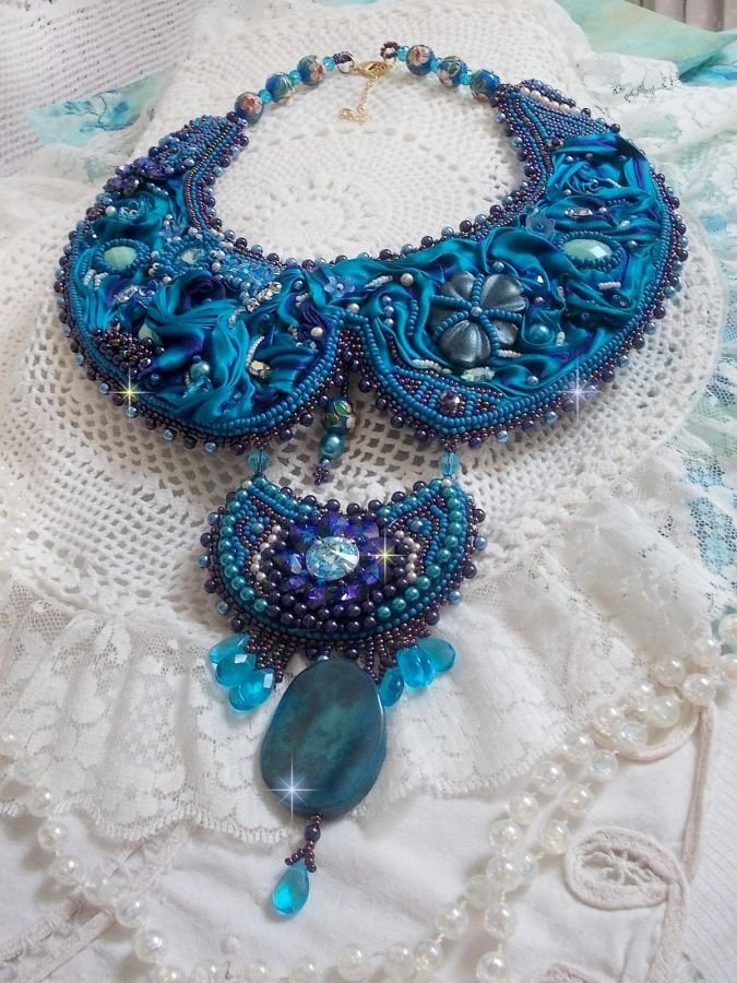 Royal Blue Haute-Couture necklace embroidered with a Purple and Duck Blue silk ribbon, crystals and various beads 