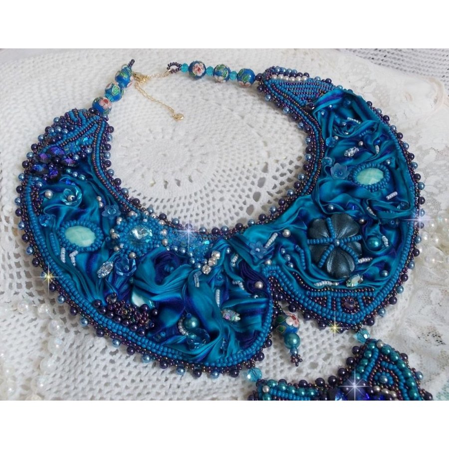 Royal Blue Haute-Couture necklace embroidered with a Purple and Duck Blue silk ribbon, crystals and various beads 