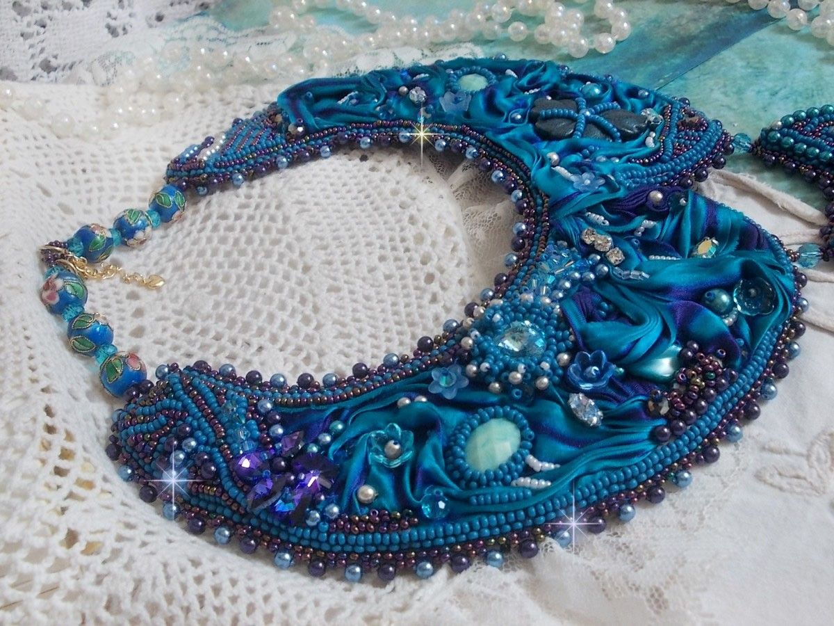 Royal Blue Haute-Couture necklace embroidered with a Purple and Duck Blue silk ribbon, crystals and various beads 