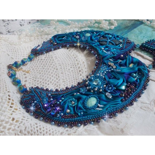 Royal Blue Haute-Couture necklace embroidered with a Purple and Duck Blue silk ribbon, crystals and various beads 