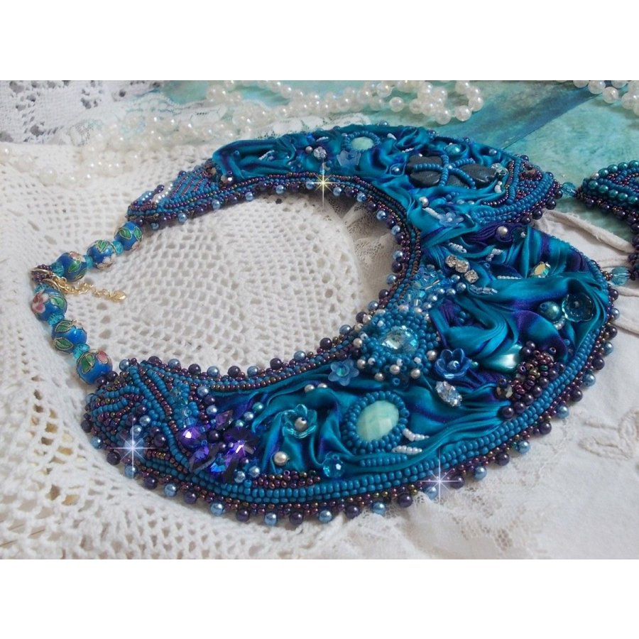 Royal Blue Haute-Couture necklace embroidered with a Purple and Duck Blue silk ribbon, crystals and various beads 