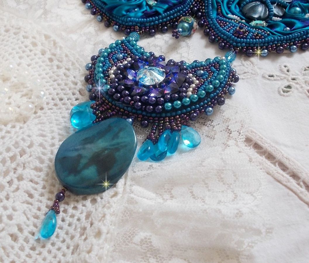 Royal Blue Haute-Couture necklace embroidered with a Purple and Duck Blue silk ribbon, crystals and various beads 