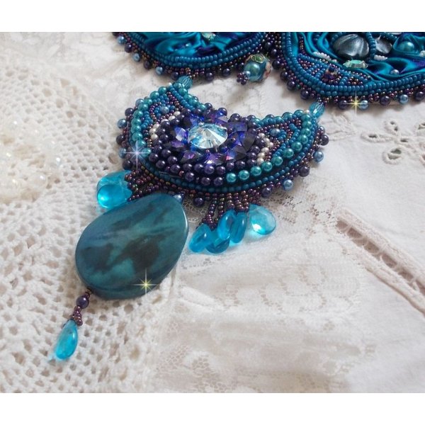 Royal Blue Haute-Couture necklace embroidered with a Purple and Duck Blue silk ribbon, crystals and various beads 