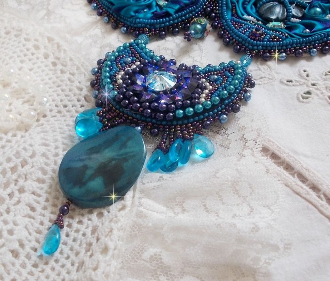 Royal Blue Haute-Couture necklace embroidered with a Purple and Duck Blue silk ribbon, crystals and various beads 