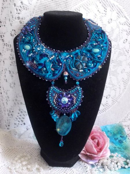 Royal Blue Haute-Couture necklace embroidered with a Purple and Duck Blue silk ribbon, crystals and various beads 
