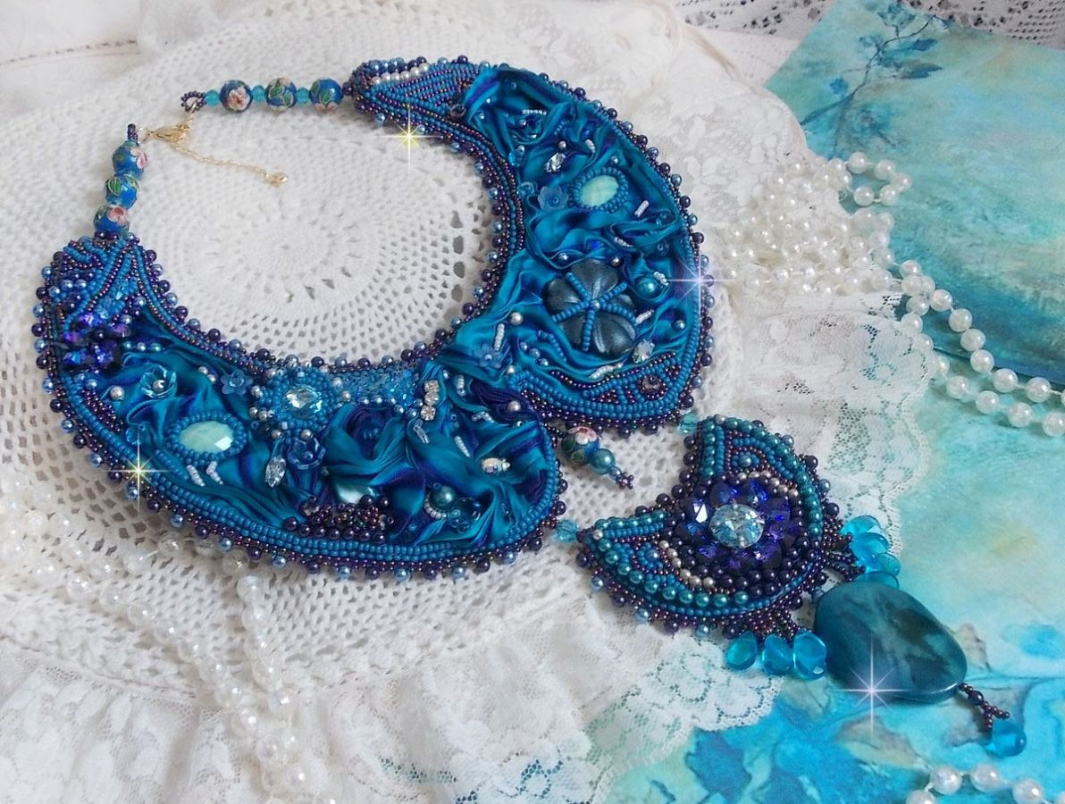 Royal Blue Haute-Couture necklace embroidered with a Purple and Duck Blue silk ribbon, crystals and various beads 