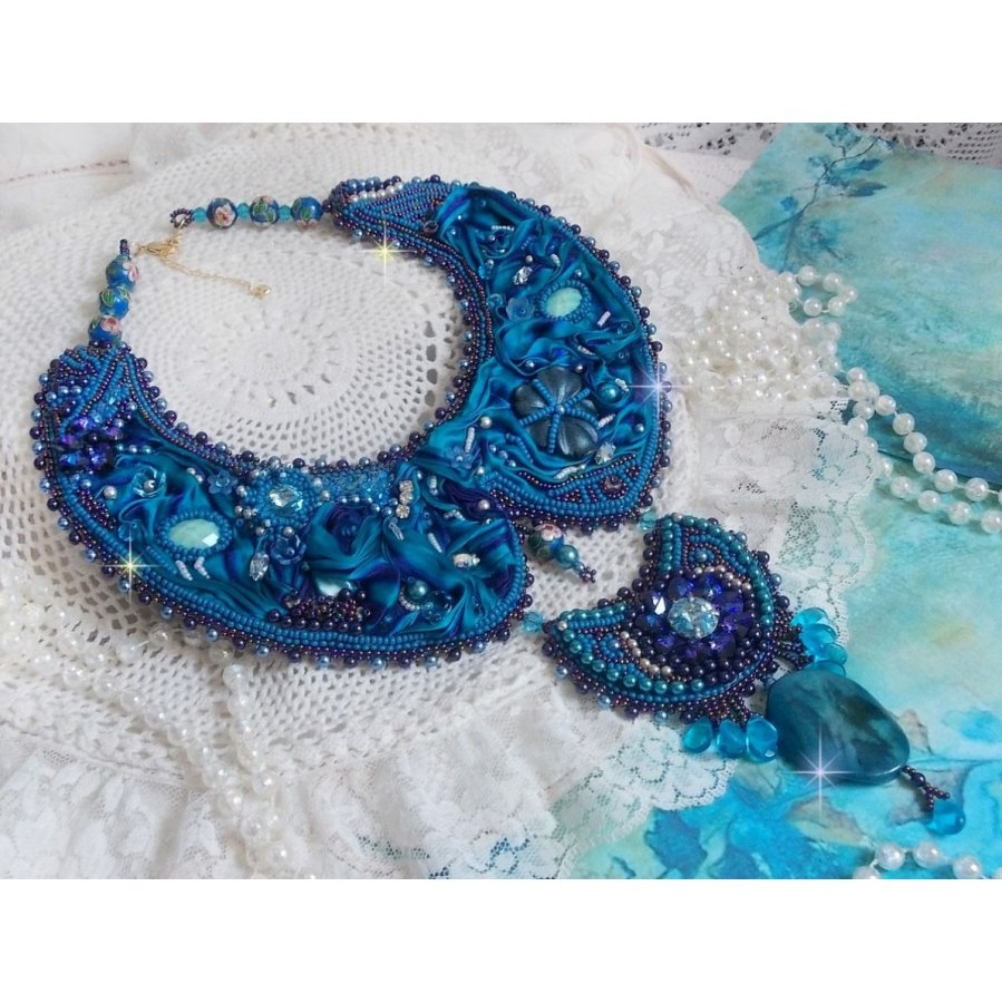 Royal Blue Haute-Couture necklace embroidered with a Purple and Duck Blue silk ribbon, crystals and various beads 