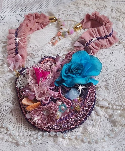 Jardin Po&eacute;tique necklace created with lace, Swarovski crystals, pearls, seed beads, 18K gold plated silver and semi-precious pearls