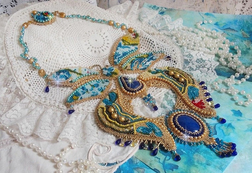 Haute-Couture Blue Gold Butterfly Necklace embroidered with gemstones, crystals, glass beads and seed beads
