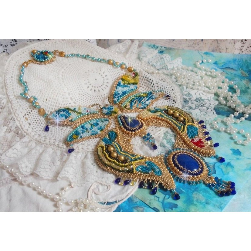 Haute-Couture Blue Gold Butterfly Necklace embroidered with gemstones, crystals, glass beads and seed beads