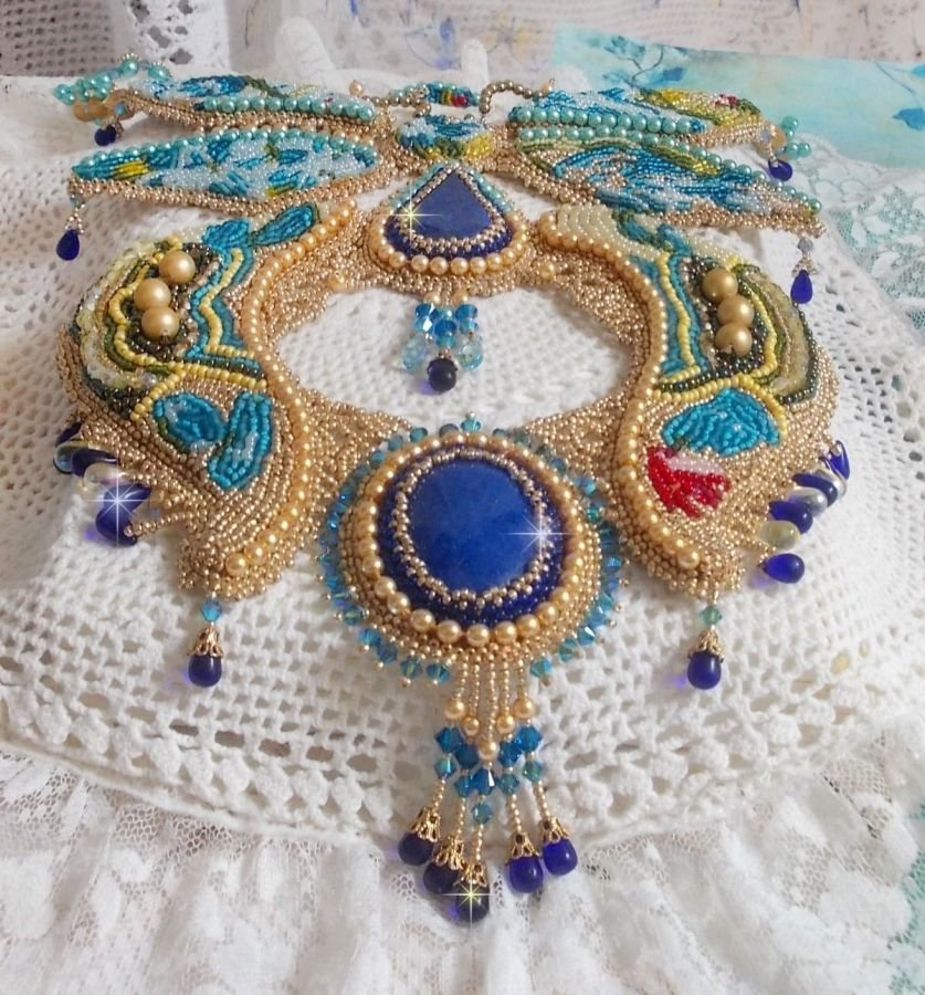 Haute-Couture Blue Gold Butterfly Necklace embroidered with gemstones, crystals, glass beads and seed beads