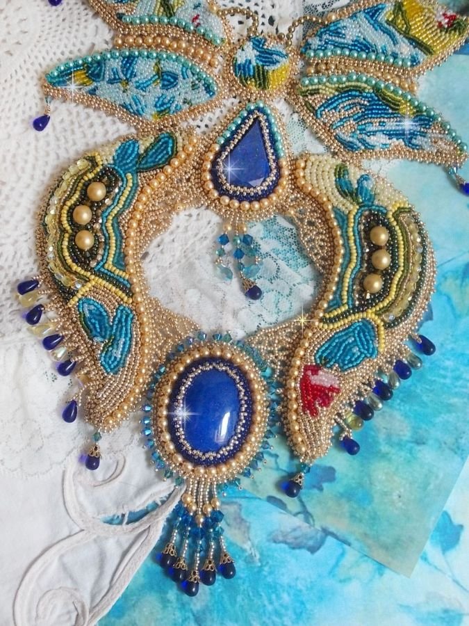 Haute-Couture Blue Gold Butterfly Necklace embroidered with gemstones, crystals, glass beads and seed beads