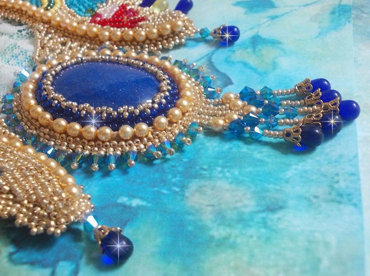 Haute-Couture Blue Gold Butterfly Necklace embroidered with gemstones, crystals, glass beads and seed beads