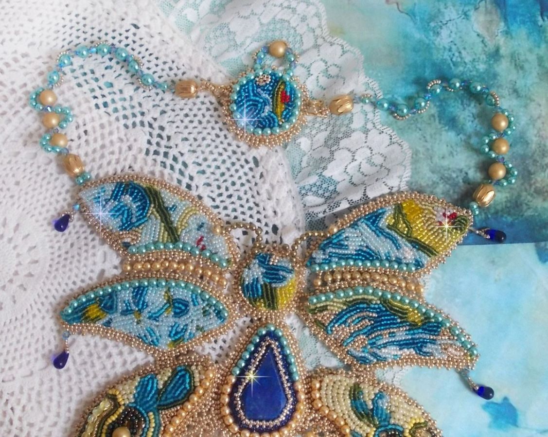 Haute-Couture Blue Gold Butterfly Necklace embroidered with gemstones, crystals, glass beads and seed beads