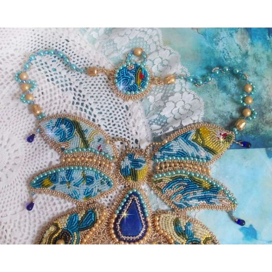 Haute-Couture Blue Gold Butterfly Necklace embroidered with gemstones, crystals, glass beads and seed beads