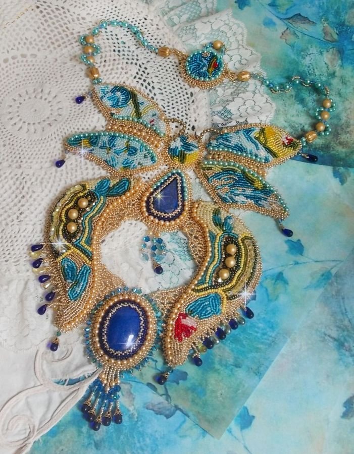 Haute-Couture Blue Gold Butterfly Necklace embroidered with gemstones, crystals, glass beads and seed beads