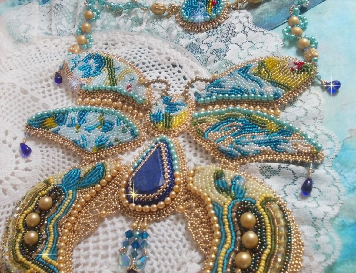 Haute-Couture Blue Gold Butterfly Necklace embroidered with gemstones, crystals, glass beads and seed beads