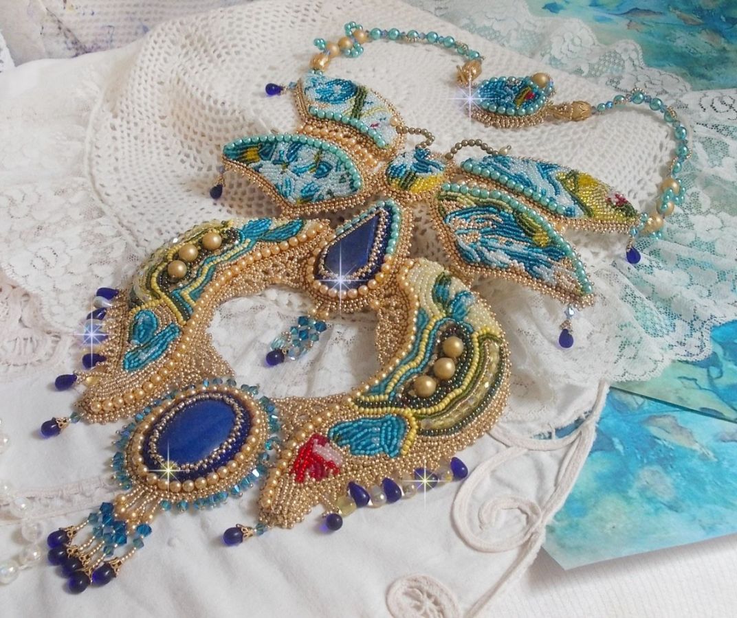 Haute-Couture Blue Gold Butterfly Necklace embroidered with gemstones, crystals, glass beads and seed beads