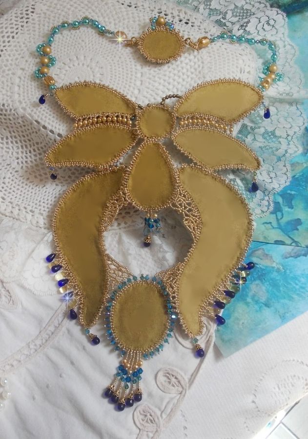 Haute-Couture Blue Gold Butterfly Necklace embroidered with gemstones, crystals, glass beads and seed beads