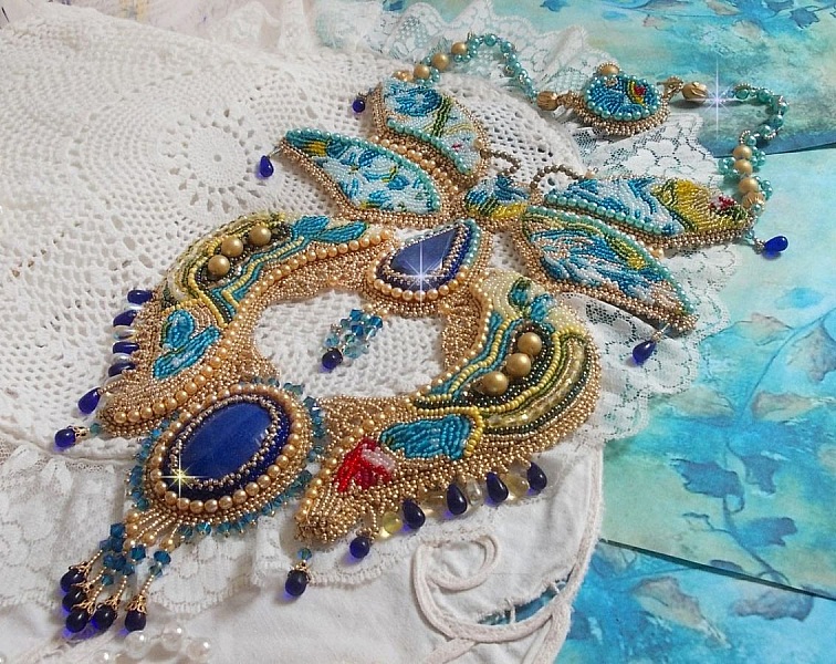 Haute-Couture Blue Gold Butterfly Necklace embroidered with gemstones, crystals, glass beads and seed beads