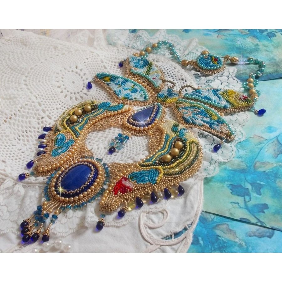 Haute-Couture Blue Gold Butterfly Necklace embroidered with gemstones, crystals, glass beads and seed beads