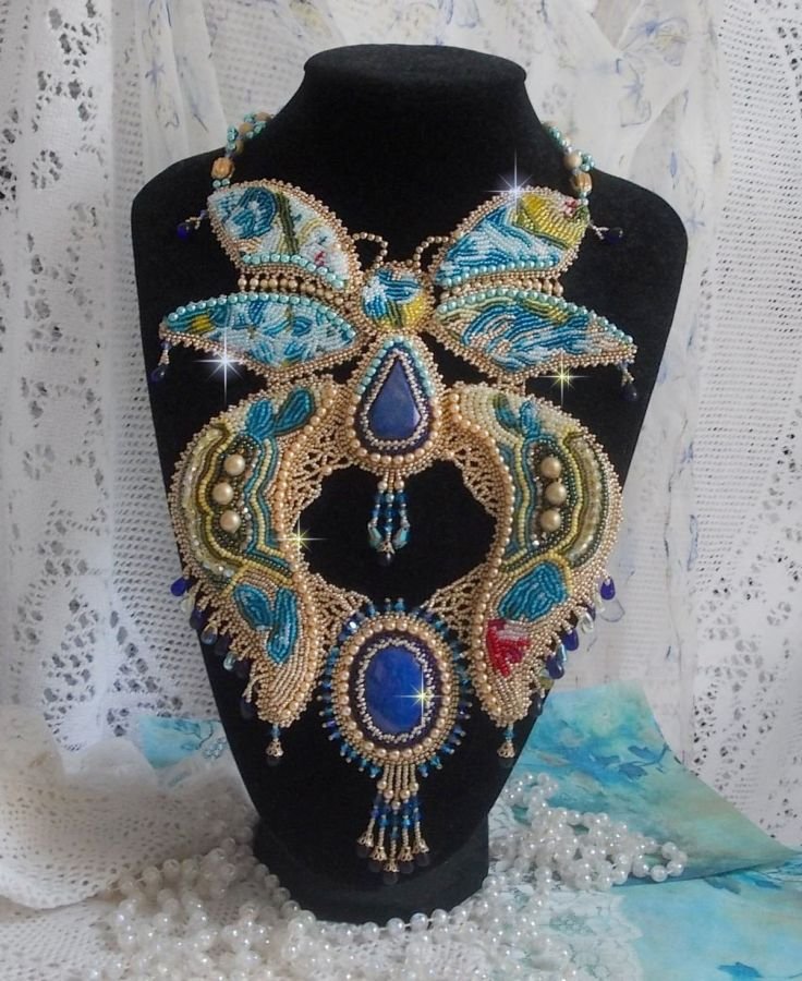 Haute-Couture Blue Gold Butterfly Necklace embroidered with gemstones, crystals, glass beads and seed beads