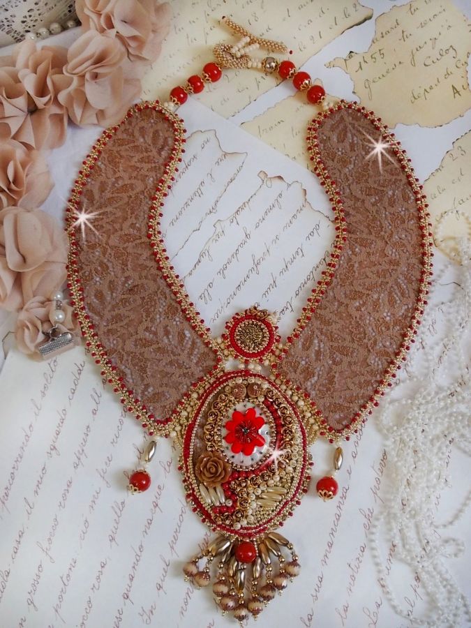 Renaissance necklace embroidered with gold and red seed beads